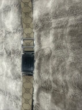 GUCCI Beige/Brown GG Monogram Web Belt W/blk leather GUCCI emblem
